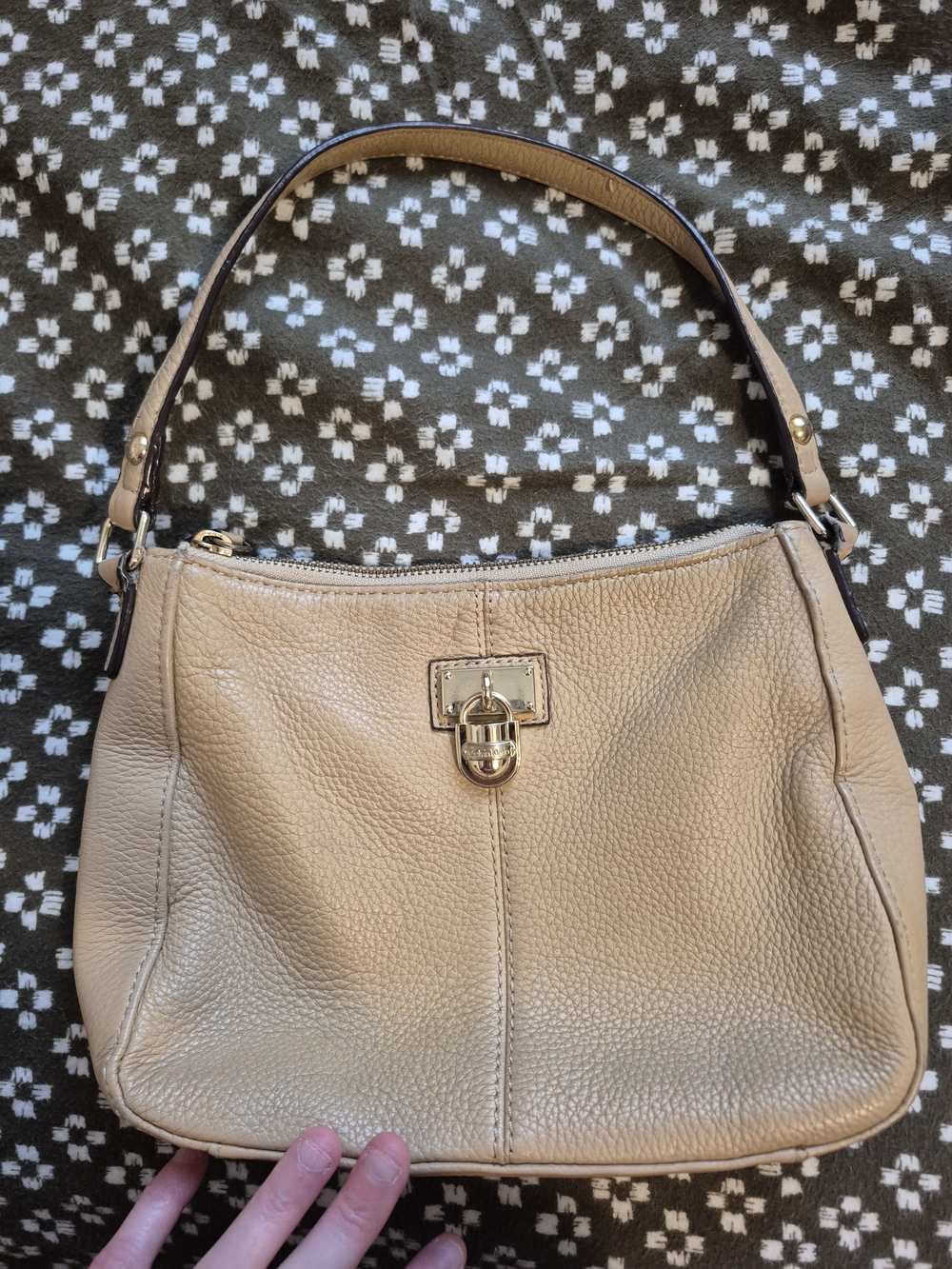 Calvin Klein Beige Pebbled Leather Shoulder Bag with Gold Hardware